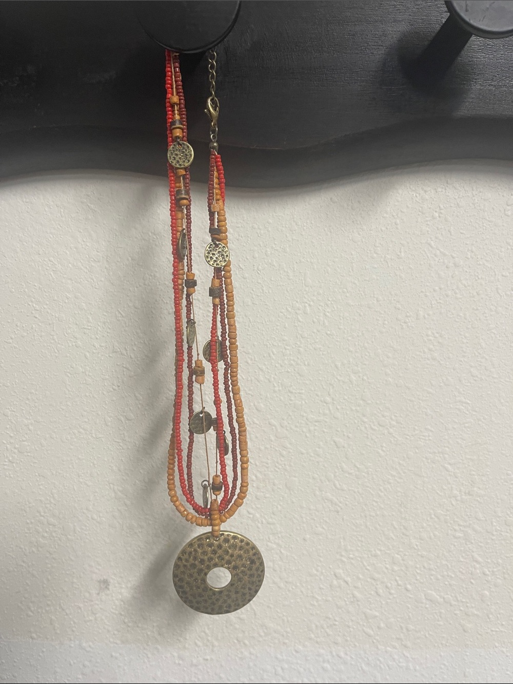 Layered Red & Tan Beaded Necklace with Hammered Disc Pendant
